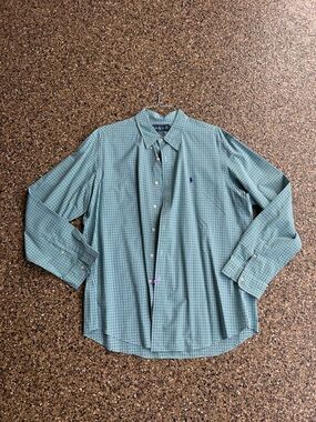 Ralph Lauren Men's Green and Blue Plaid Check Button-Down Shirt